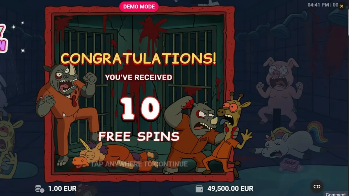 Tampilan visual slot Happy Prison dengan karakter kartun unik di balik jeruji besi.