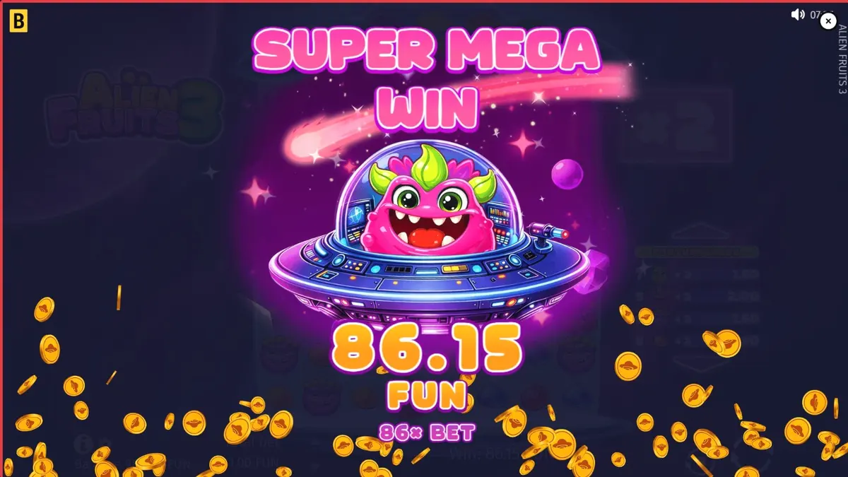 Tampilan visual neon dan simbol alien dalam permainan slot Alien Fruits 3